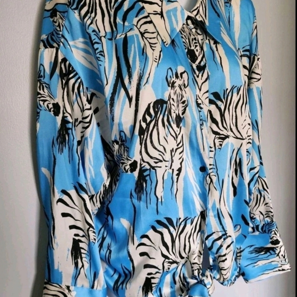 Zara Blue and Black Zebra-Print Tie-Front Blouse - Picture 2 of 5